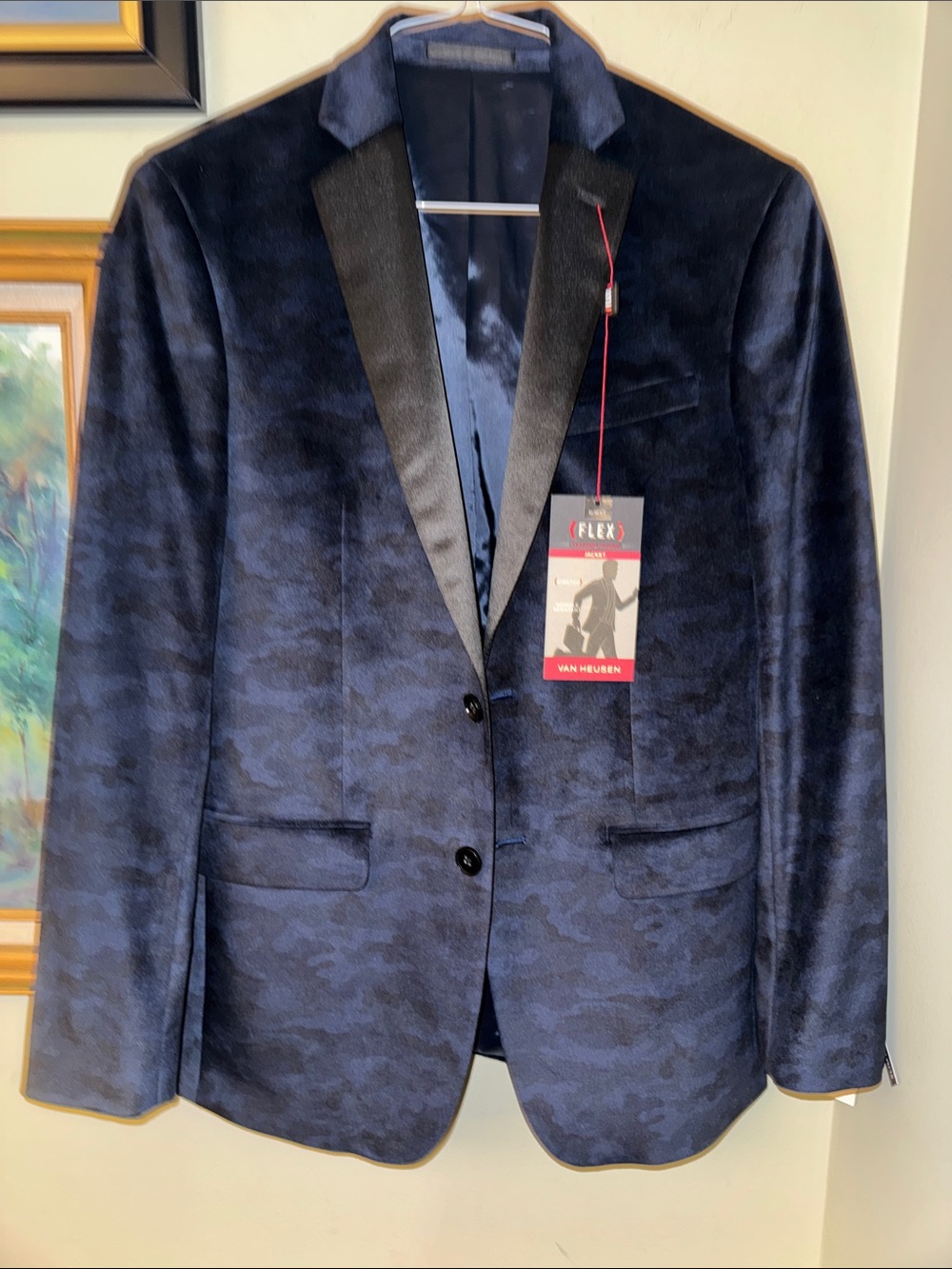 Van Heusen Men's Navy Camouflage Velvet Tuxedo Blazer 38R Blue Camo NEW Tux S M